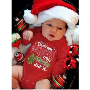 6-9 m Baby Christmas Onesie – “Dear Santa, My Sister Did It” – Red Holiday